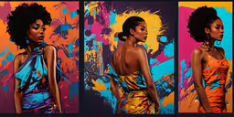 an image of three different images of a girl in front of colorful paint,three different shots of a woman wearing an orange dress