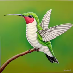 a painting of a colorful hummingbird perched on a tree branch,a bird flying over a branch with its wings out,painting of a humming bird on a branch,a painting of a green and white bird,this is a painting of a hummingbird perched on a branch