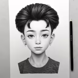 a portrait is shown with a pencil drawing in the foreground