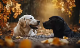 two dogs sit near each other as they look at each other