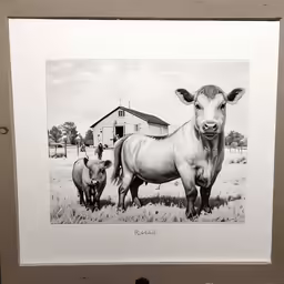 a drawing of two cows standing in front of a barn