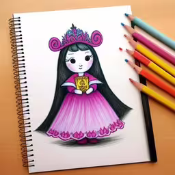 pencils and markers with a drawing of a girl in a dress,drawing of girl in princess costume with colored pencils
