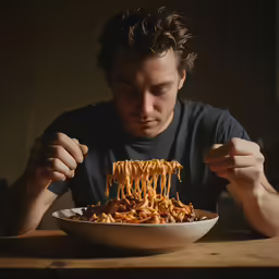 a man eating a bowl of noodles from the same bowl