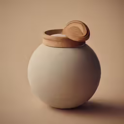 a white round jar with a wooden lid on the top