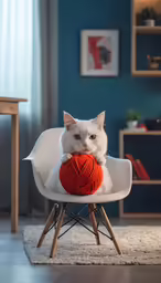 a white cat sitting on top of a white chair