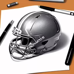 a drawing of a helmet on a paper next to pencils