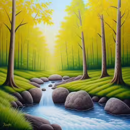 an oil painting of stream running through a green forest,painting of river with rocks and grass, surrounded by trees,painting depicting river scene and green trees,a painting of an image of a stream running through the forest,a painting of a stream and trees in a forest