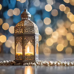 a small lantern is lit with candles in it