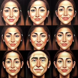a picture of many faces with different expressions,six pictures showing the faces of different people with different expressions,a bunch of different faces are shown in this painting,a painting shows different types of woman