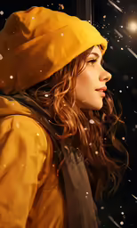 a young girl wearing a yellow rain coat is seen through a window