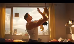 a man is standing near the window holding a teddy bear