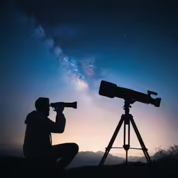 a man sitting down looking through a telescope at the stars