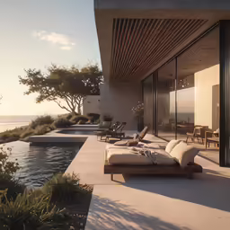 a patio with a view of the ocean
