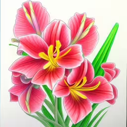 the image shows a drawing of three flowers,an image of some pink flowers with green stems