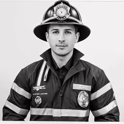 a firefighter is photographed in this black and white photo