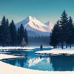 a snow covered hill and trees with water surrounded by snow,a person standing on a river in front of a snowy mountain