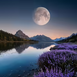 an image of the moon over the water and wild flowers