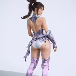a woman wearing thigh high boots standing next to a white wall