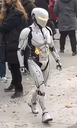 the robot walks in front of pedestrians on a street