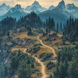 a mountain with mountains and trees, with a path leading to the cabin