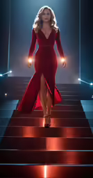 a woman wearing a dress that is red
