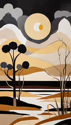 a painting of a landscape with trees and sunset,a painting on the wall of an outdoor area with trees