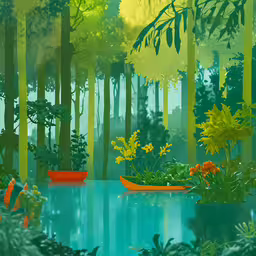 an image of a beautiful woods filled with flowers,a boat floats in the forest near a blue pond