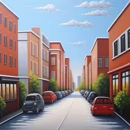 an oil painting of cars parked along a city street
