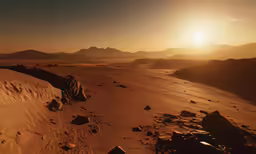 a rocky dune with mountains in the distance at sunset