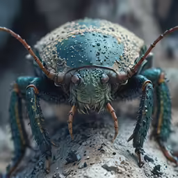 a close up of a blue beetle sitting on a tree branch
