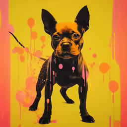 a painting of a small dog with a pink and yellow background