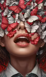 woman wearing a bunch of butterflies all over her face