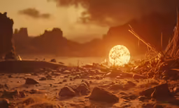 an image of sun setting in a desert