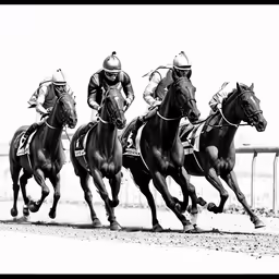 a row of horses with a rider on one and an umpire on the other