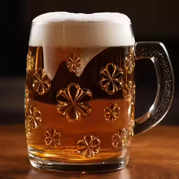 glass of beer with a gold design in the middle of it