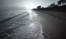 a shoreline in the sand near a beach with small waves