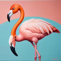 a pink bird with long legs standing in front of a blue and pink backdrop
