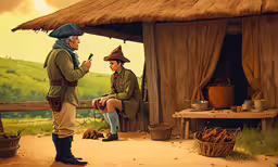 an image of two men who are talking on the phone,two old fashioned men sitting on the side of a rural home
