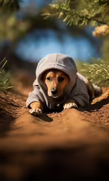 a dog is dressed in a jacket and hiding underneath a tree