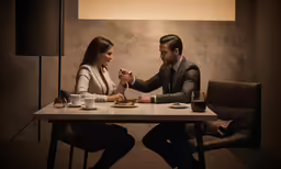 two people in business suits seated at a table with plates and drinks
