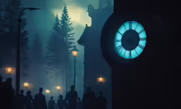 the nighttime time is showing with the lights turned on