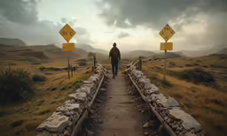 a person standing on a long, stone walkway between two roads
