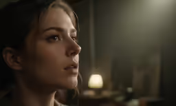 a woman looks off in the distance while in a dimly lit room