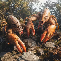 two lobsters, one big and one small, sit on some rocks