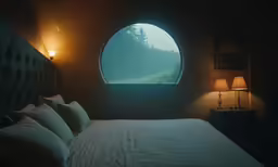 a window in a wall that is overlooking a forest