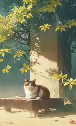 a white and brown cat sitting on top of a wooden bench