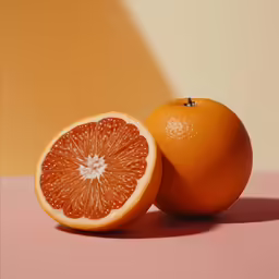 an orange is next to a piece of fruit on a pink background