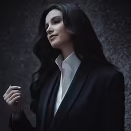 a woman with black hair in a black suit