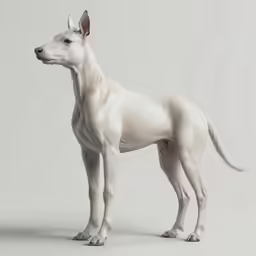 a white dog standing in the middle of a room