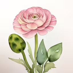 a drawing of a flower in a vase,a watercolor painting of pink flower and leaves